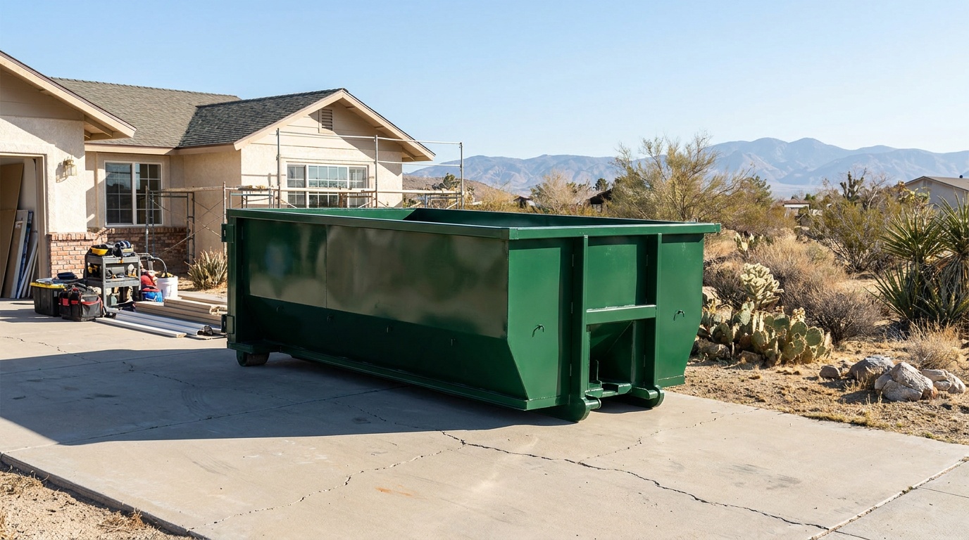 Roll-off dumpster on a residential driveway in Port Hueneme
