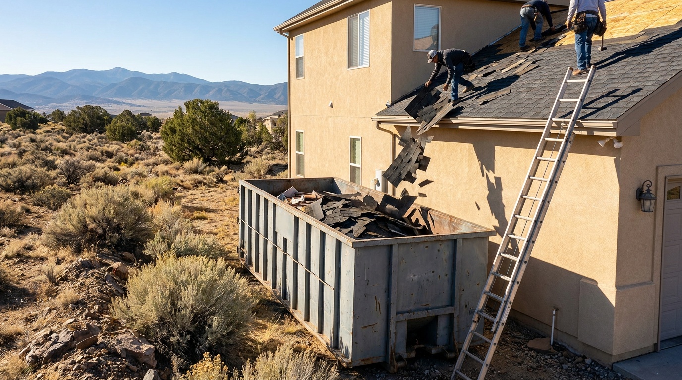 Roofing dumpster during a tear-off in Port Hueneme
